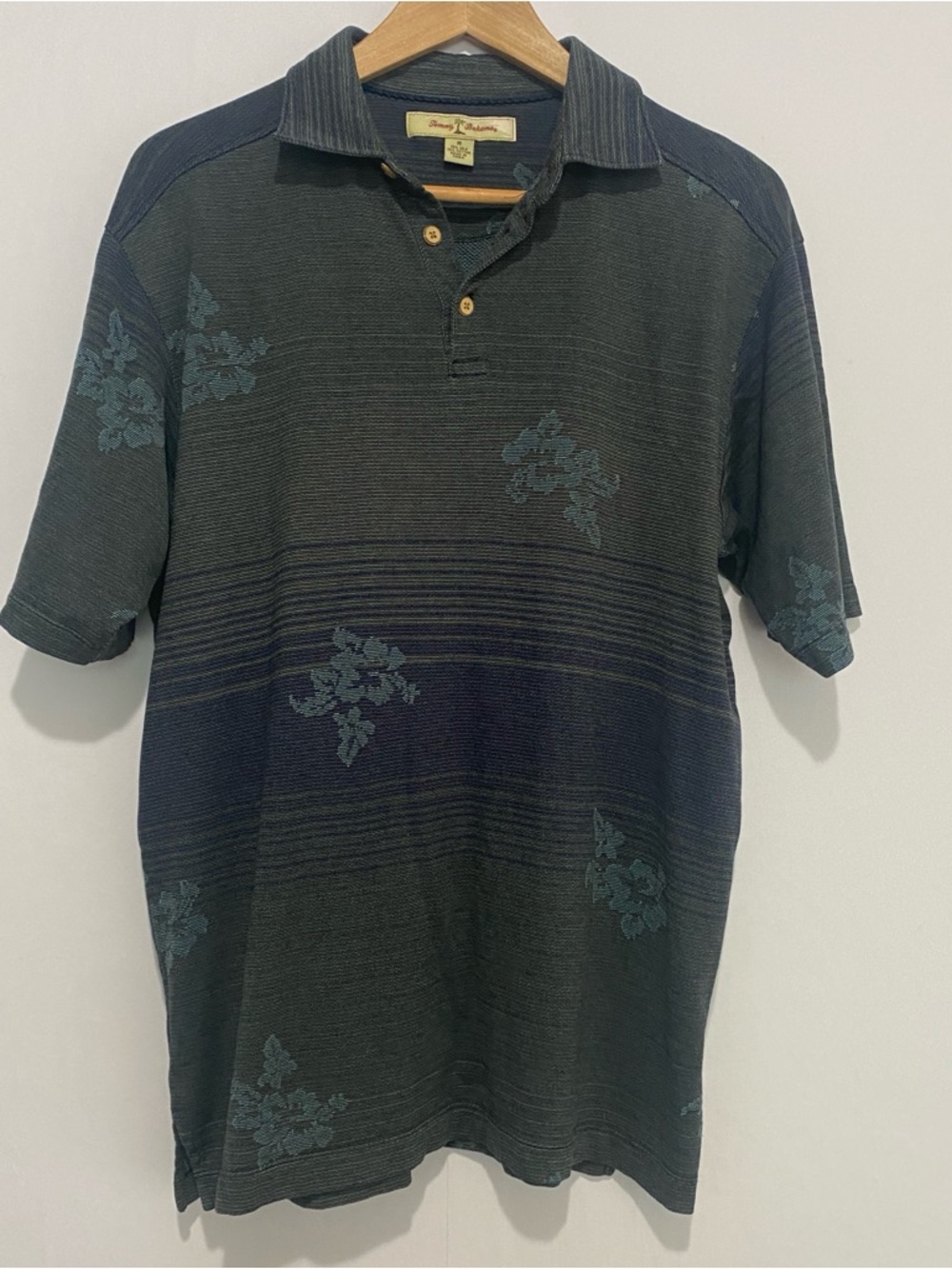 Tommy‎ Bahama Silk Cotton Polo Shirt Floral Striped Size M Casual